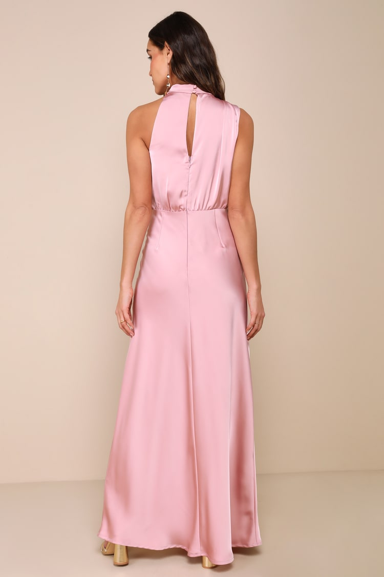 Dusty Pink Satin Dress - Asymmetrical Gown - Mock Neck Dress - Lulus