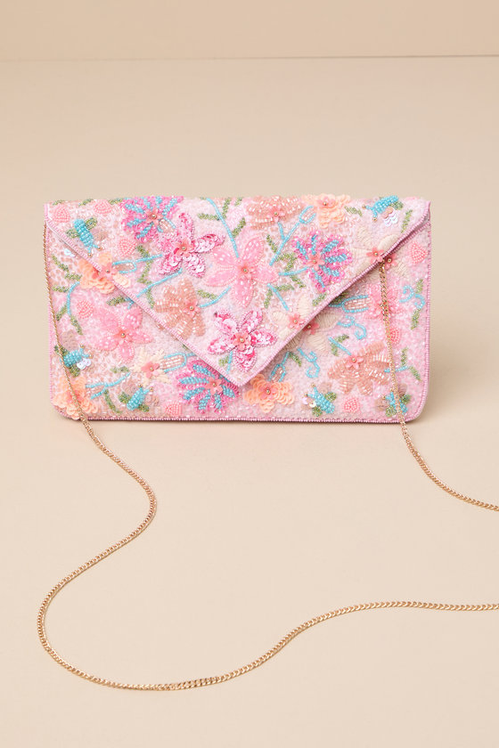 Beautiful Aspirations Pink Floral Sequin Beaded Clutch - thumbnail 4
