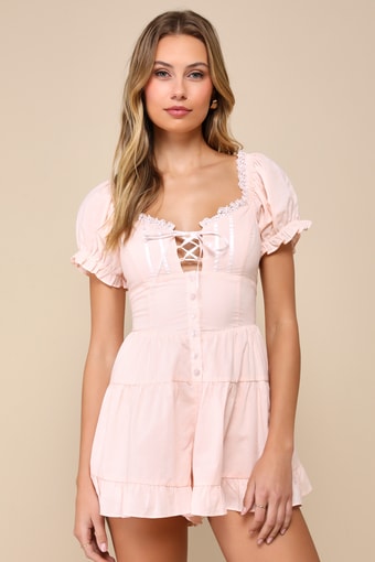 Completely Precious Blush Lace-Up Puff Sleeve Corset Romper