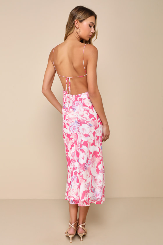 Shop Lulus Radiant Confidence Hot Pink Floral Chiffon Lace-up Midi Dress