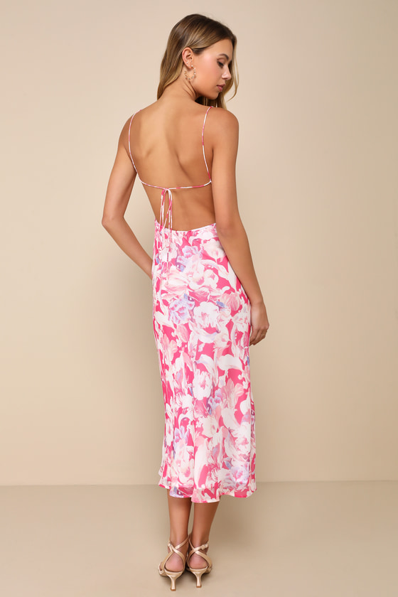Radiant Confidence Hot Pink Floral Chiffon Lace-Up Midi Dress 4