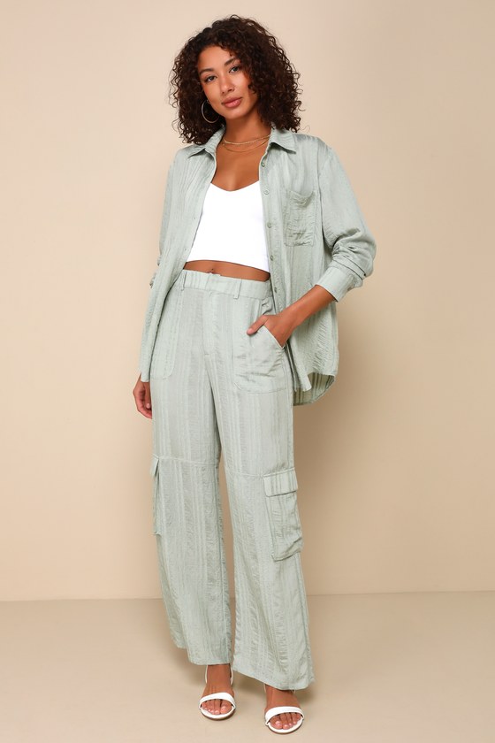 Lulus Relaxed Chic Sage Green Striped Textured Cargo Pants