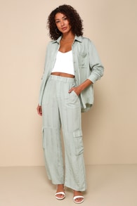Relaxed Chic Sage Green Striped Textured Cargo Pants