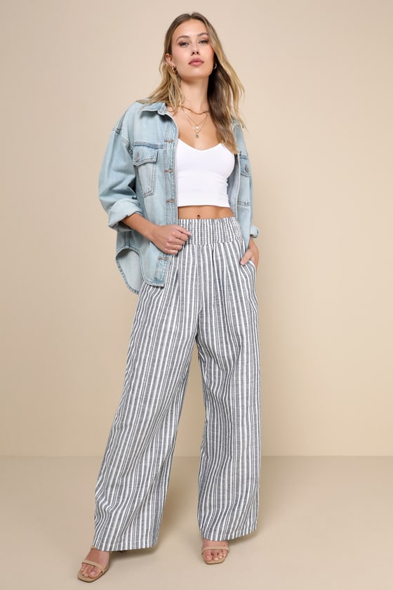 Lulus Breezy Getaway Blue And White Striped Linen Wide-leg Pants