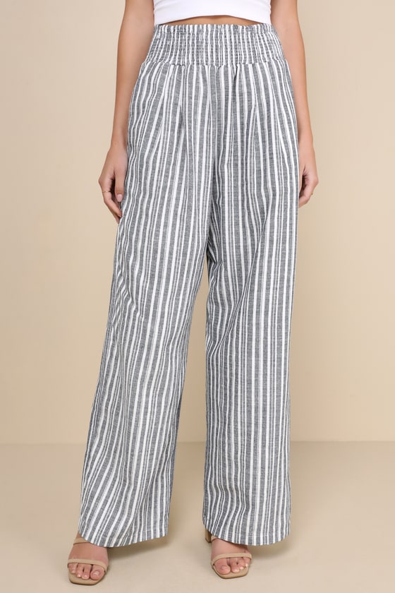 Shop Lulus Breezy Getaway Blue And White Striped Linen Wide-leg Pants
