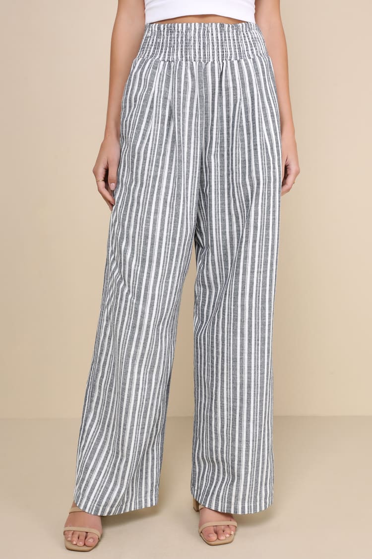 Breezy Getaway Blue and White Striped Linen Wide-Leg Pants