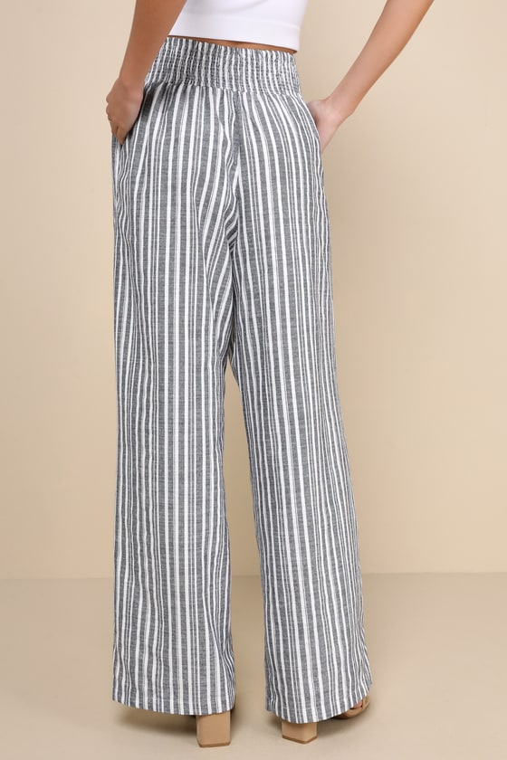 Shop Lulus Breezy Getaway Blue And White Striped Linen Wide-leg Pants