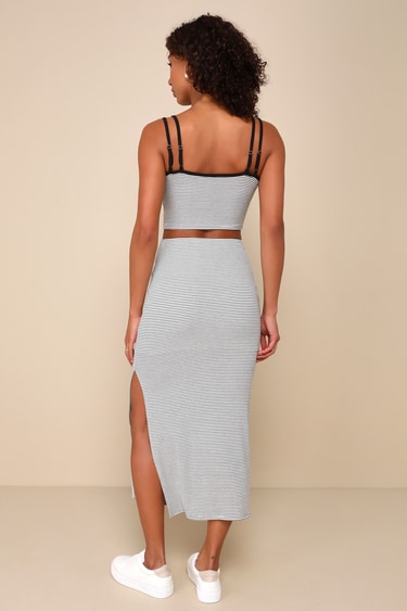 Trendy Match White Striped Ribbed Two-Piece Midi Dress