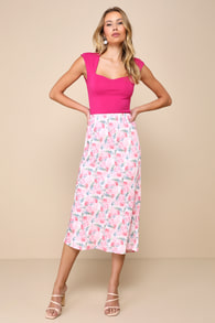 Endearing Presence Light Pink Floral Satin High-Rise Midi Skirt