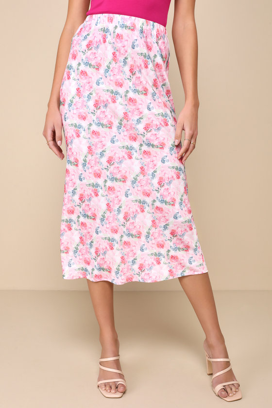 Shop Lulus Endearing Presence Light Pink Floral Satin High-rise Midi Skirt
