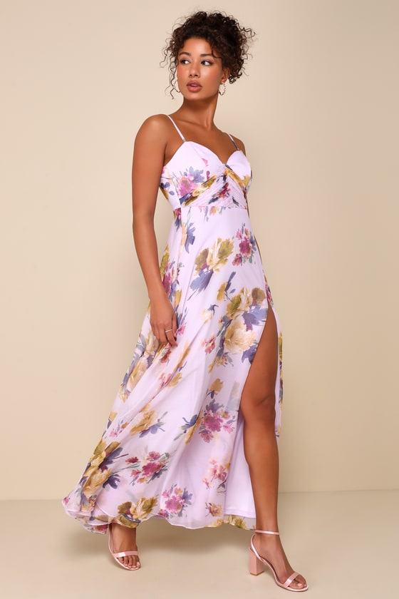 Lulus Dreamy Destiny Lavender Floral Pleated Backless Maxi Dress In Purple