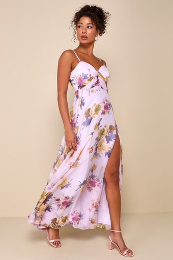Dreamy Destiny Lavender Floral Pleated Backless Maxi Dress