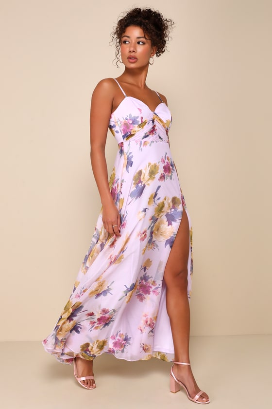 Dreamy Destiny Lavender Floral Pleated Backless Maxi Dress 1