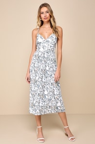 Poise and Perfection Ivory Floral Print Pleated Midi Dress