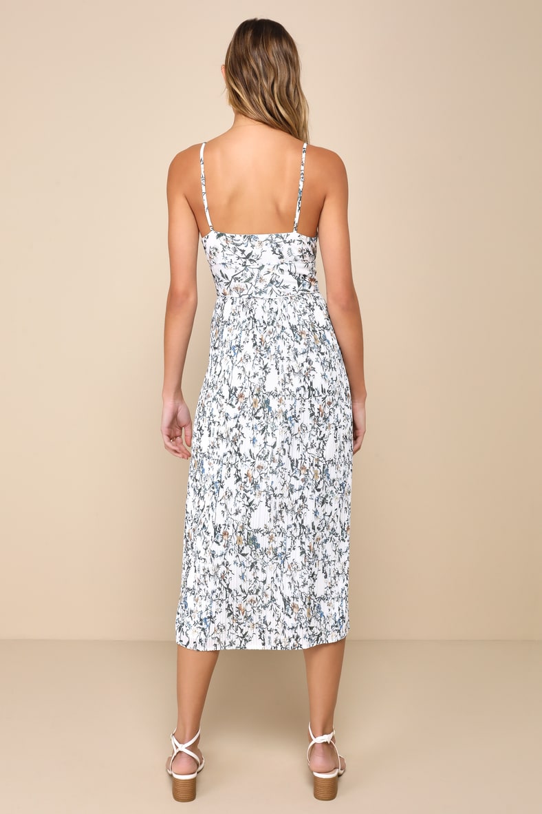 Poise and Perfection Ivory Floral Print Pleated Midi Dress