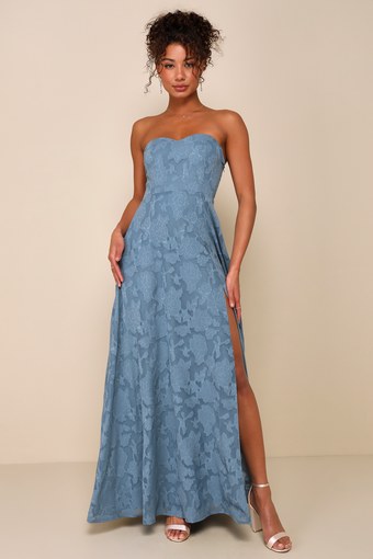 Garden of Romance Dusty Blue Floral Burnout Strapless Maxi Dress 2