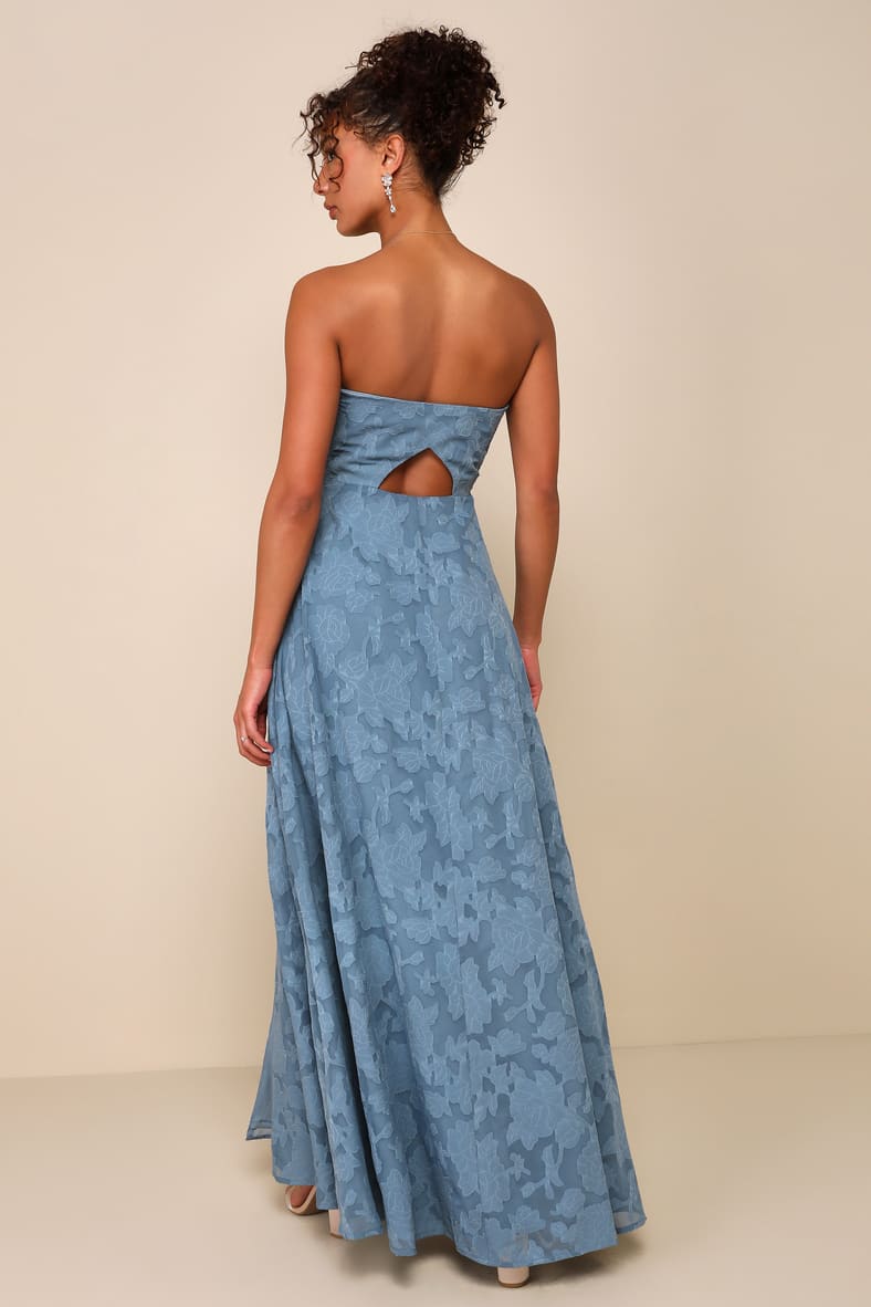 Garden of Romance Dusty Blue Floral Burnout Strapless Maxi Dress