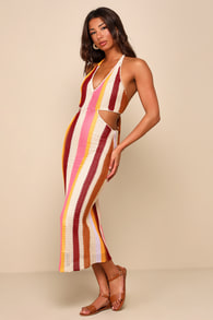 Sunny Destiny Beige Multi Striped Crochet Halter Midi Dress