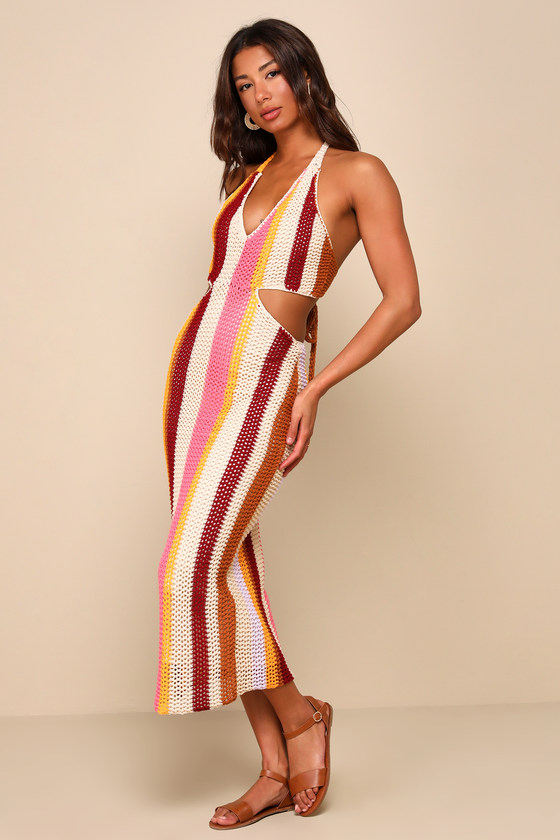 Sunny Destiny Beige Multi Striped Crochet Halter Midi Dress 1