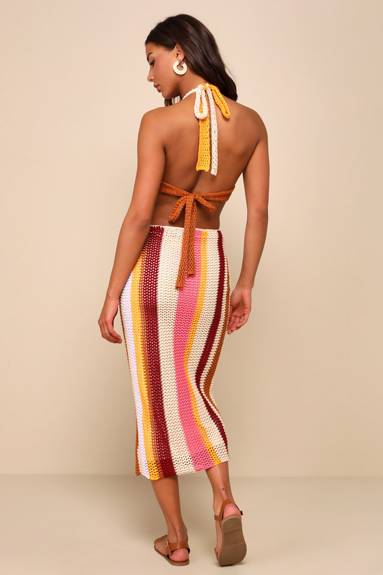 Sunny Destiny Beige Multi Striped Crochet Halter Midi Dress 2