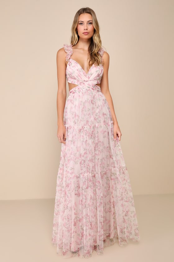 Lulus Ethereal Love Blush Floral Pleated Tiered Tie-back Maxi Dress In Pink