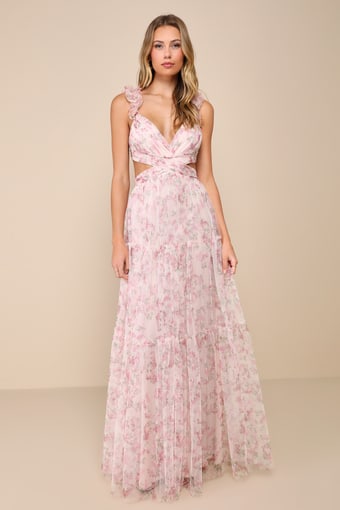 Ethereal Love Blush Floral Pleated Tiered Tie-Back Maxi Dress 1