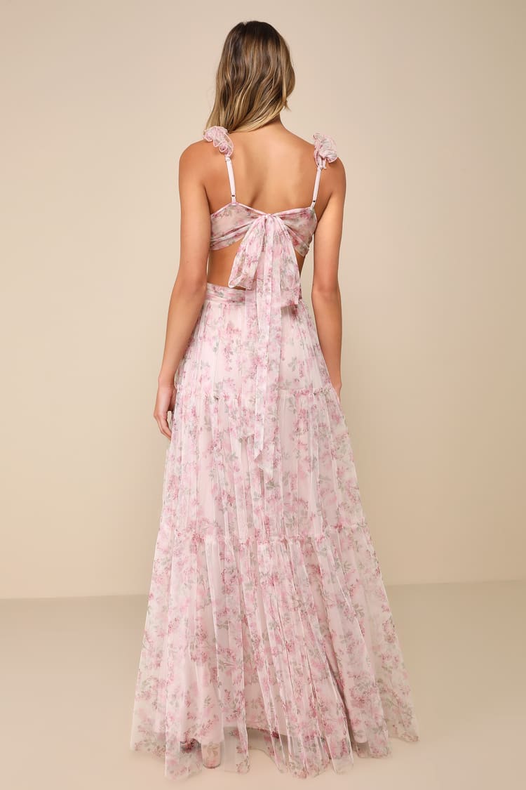Ethereal Love Blush Floral Pleated Tiered Tie-Back Maxi Dress