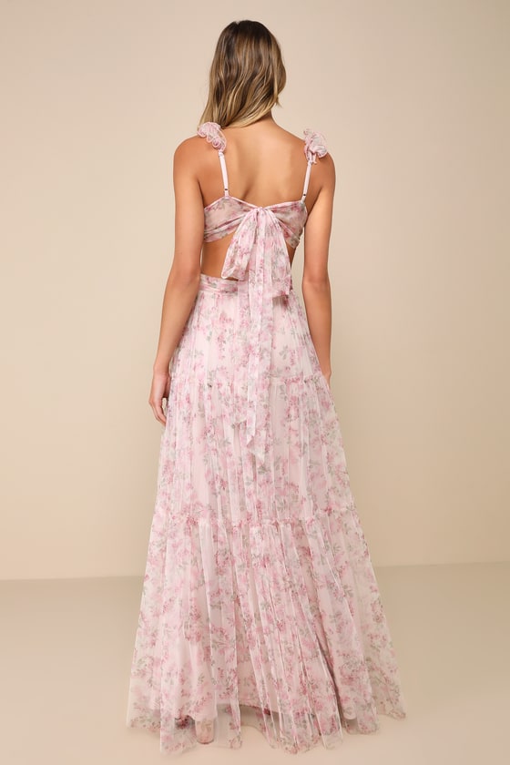 Ethereal Love Blush Floral Pleated Tiered Tie-Back Maxi Dress