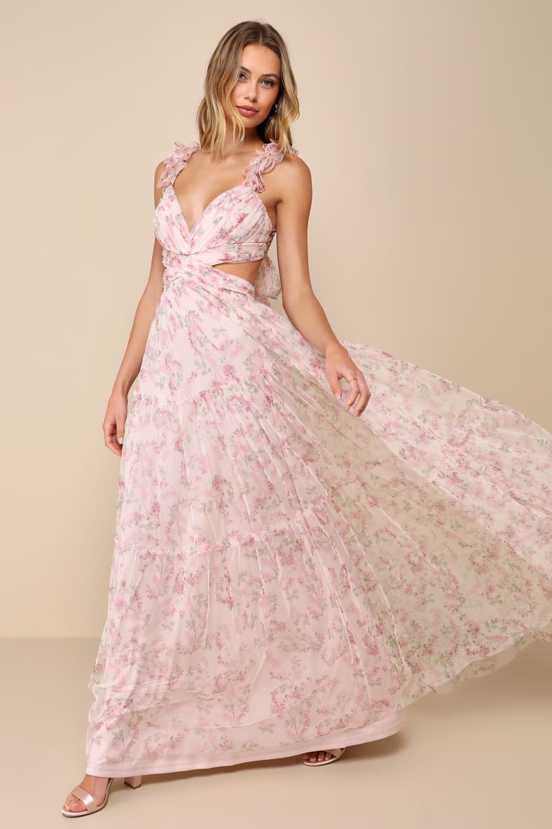 Ethereal Love Blush Floral Pleated Tiered Tie-Back Maxi Dress