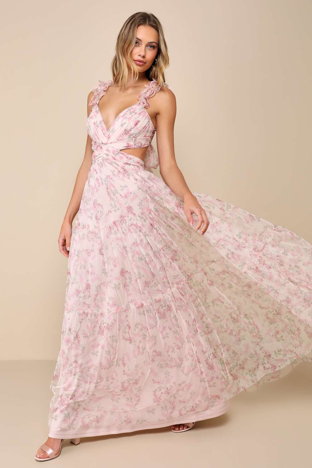 Ethereal Love Blush Floral Pleated Tiered Tie-Back Maxi Dress