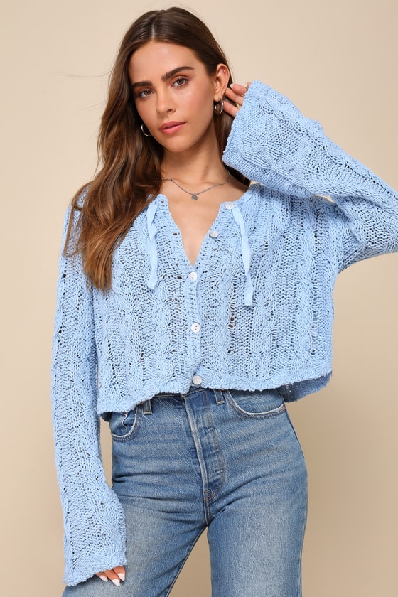 Shop Free People Robyn Blue Cable Knit Cropped Button-front Cardigan