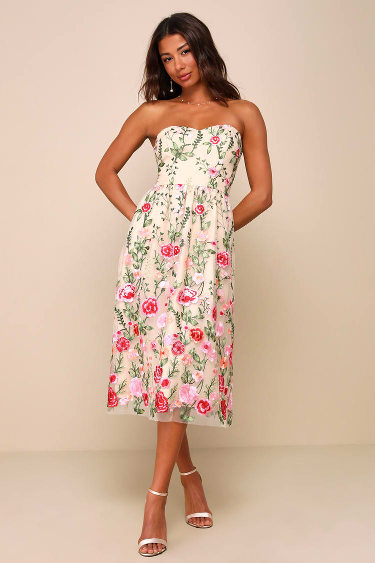princess polly baby blue dress Beige Floral Embroidered Strapless Midi Dress | Womens | X-Small (Available in XXL, M, L) | 100% Polyester