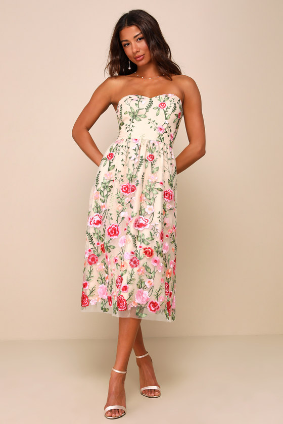 Beige Mesh Dress - Embroidered Dress - Cute Strapless Midi Dress - Lulus