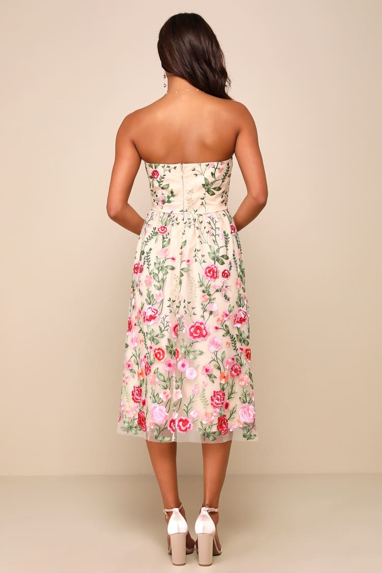 green emerald velvet dress Fresh Bloom Strapless Floral Applique Midi Dress in Nude