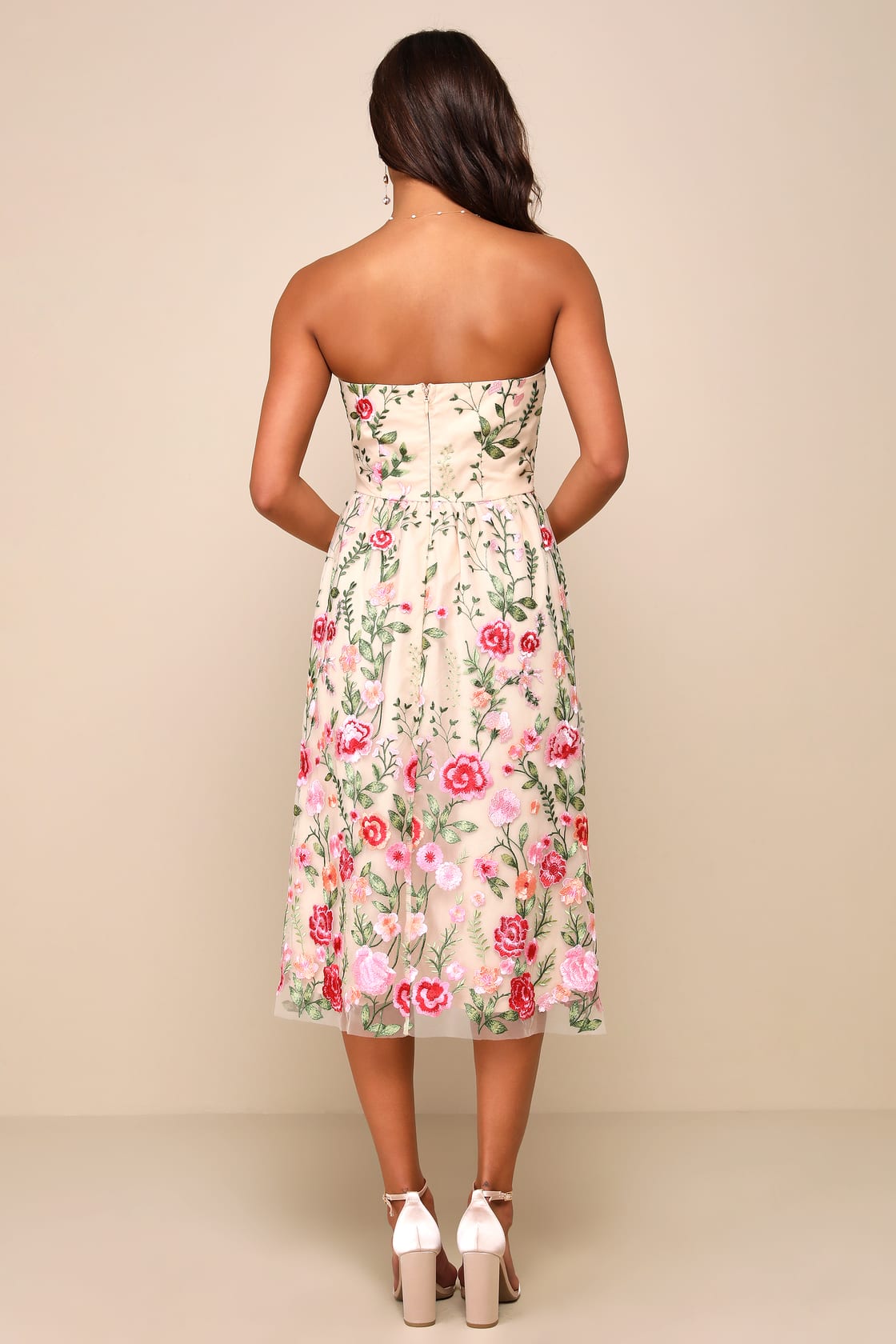 Endless Praise Beige Floral Embroidered Strapless Midi Dress