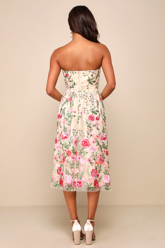Endless Praise Beige Floral Embroidered Strapless Midi Dress 4