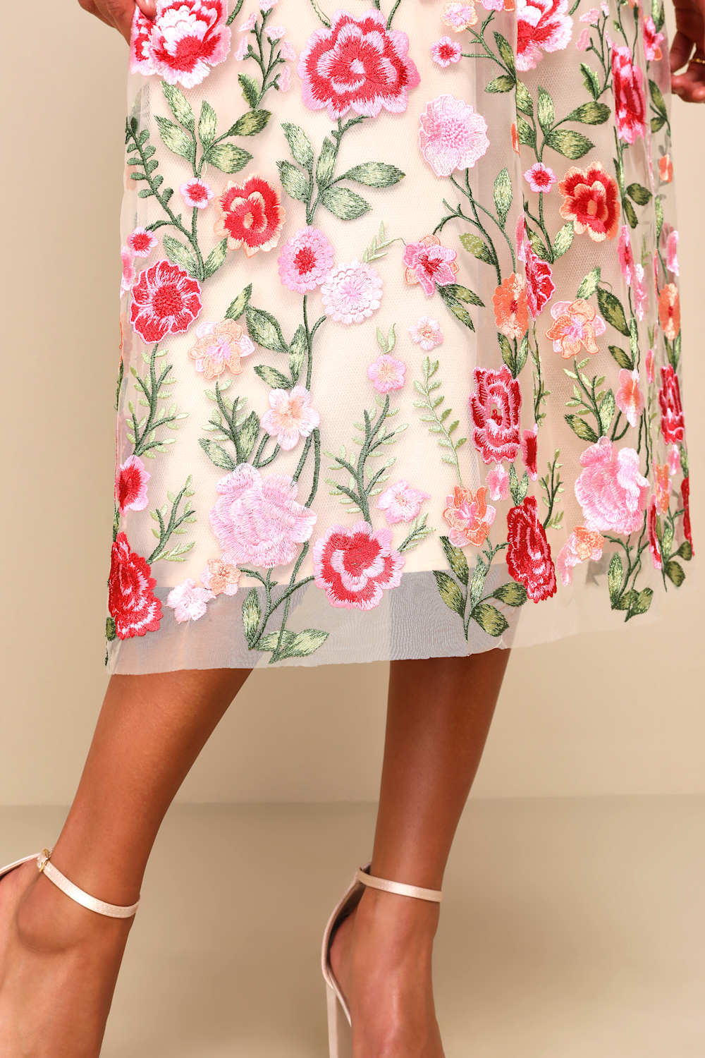 Endless Praise Beige Floral Embroidered Strapless Midi Dress