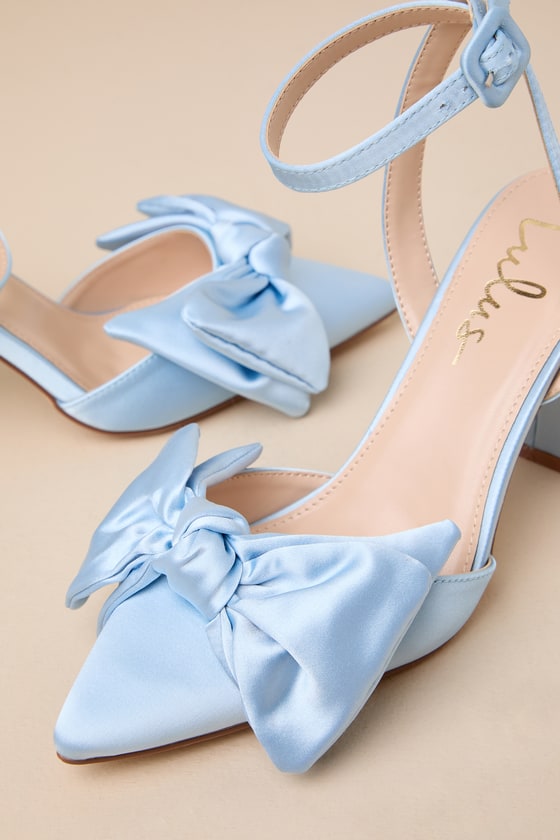 Lulus Suttonn Blue Satin Bow Ankle Strap Pointed-toe Pumps In Blue