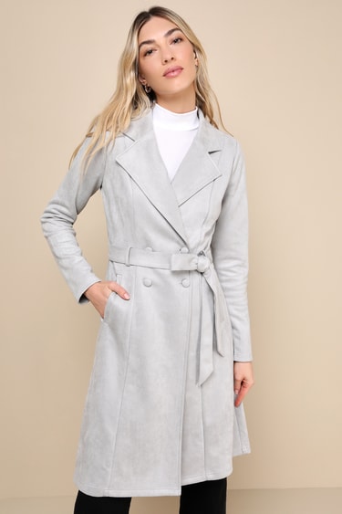 slim fit dress slacks Handmade Light Gray Wool Dress Coat – Elegant Belted Winter Midi Dress main image 0