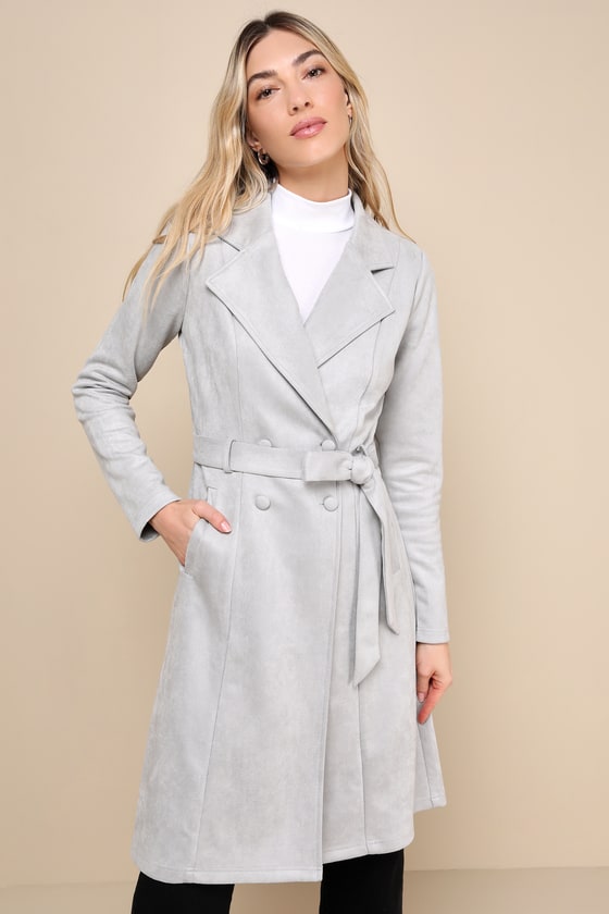 Chic Calling Light Grey Suede Trench Coat 1