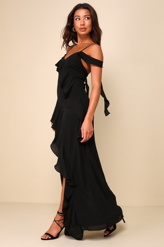 Lulus Iconic Reality Black Ruffled Cold-shoulder Backless Maxi Dress In Black
