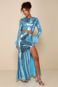Party Icon Blue Sequin Feather Two-Piece Maxi Dress
