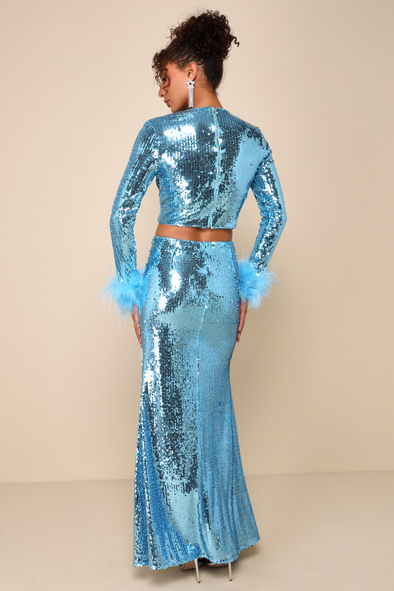 Blue Sequin Dress - Shiny Feather Dress - Two-Piece Maxi Dress - Lulus