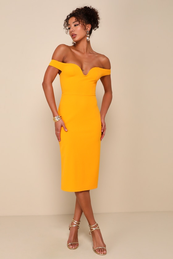 Lulus Soiree Favorite Golden Yellow Off-the-shoulder Midi Dress
