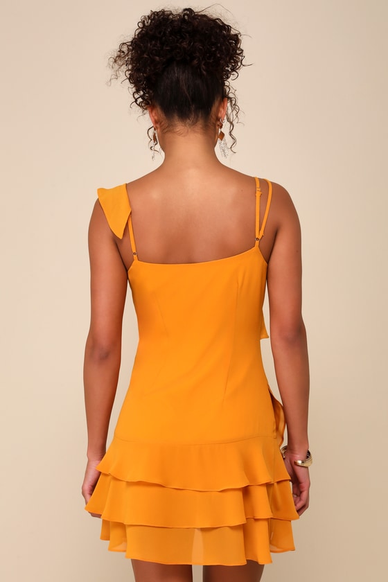 Lulus Alluring Presence Golden Yellow Ruffled Tiered Mini Dress In Golden Yellow