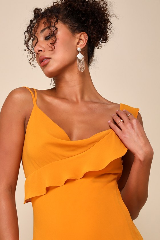 Lulus Alluring Presence Golden Yellow Ruffled Tiered Mini Dress In Golden Yellow