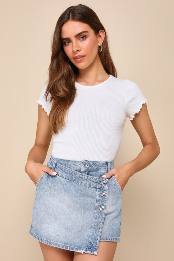 Shop Free People Wynne Light Wash Denim Faux Wrap Mini Skirt In Blue