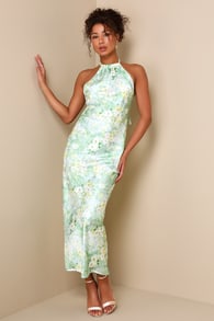 Glowing Presence Light Green Floral Satin Halter Maxi Dress 1