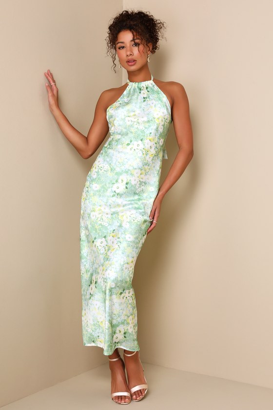 Glowing Presence Light Green Floral Satin Halter Maxi Dress 1