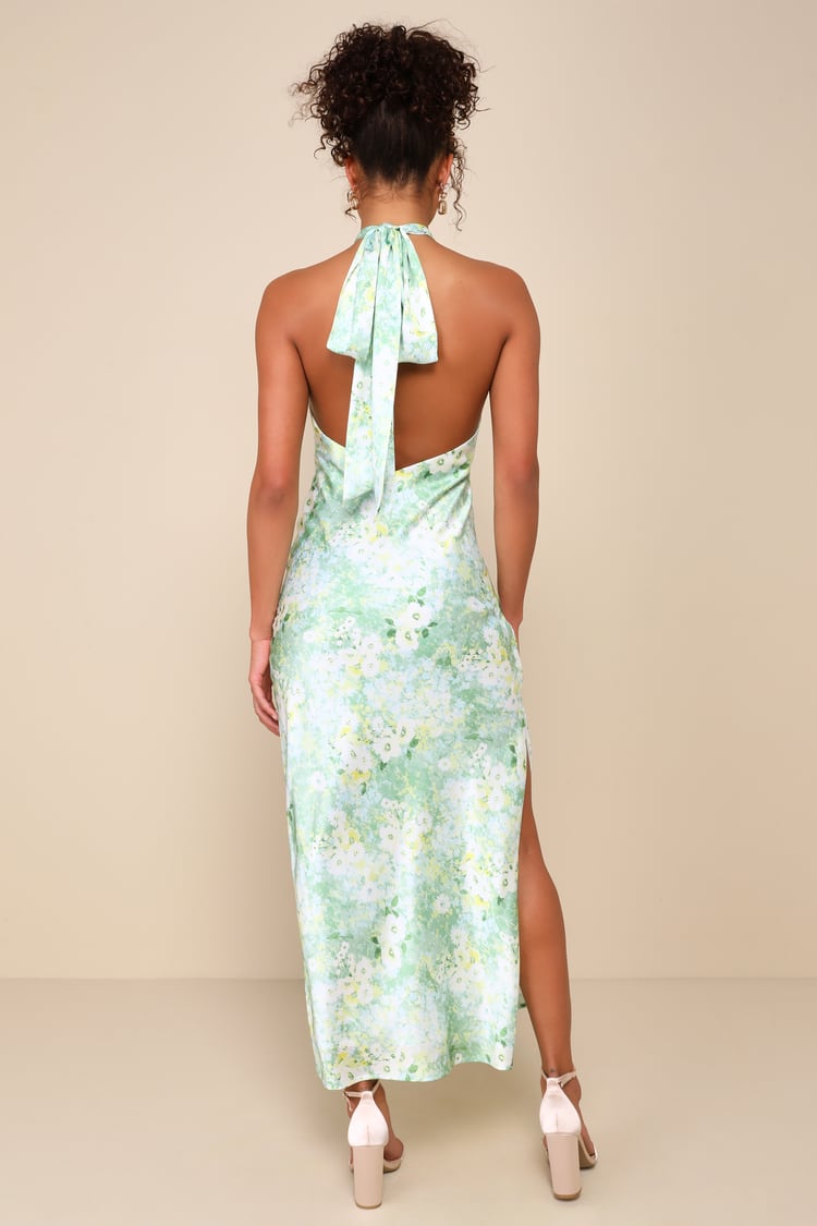 Glowing Presence Light Green Floral Satin Halter Maxi Dress